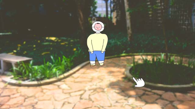 a blurred photo of a garden. on top of it, an illustration of meninu, a creature with seemingly white skin, yellow shirt, blue pants and brown shoes, who wears a mask with a expressionless face. there's a cursor in the form of a cartoon hand pointing the index finger in the corner.