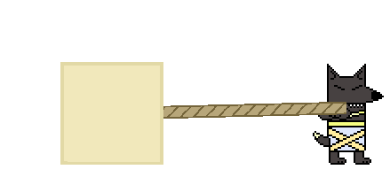 a demonstration of the rope mechanic; the dog character pulls it, and the pyramid piece rolls as if the rope is extremely elastic.