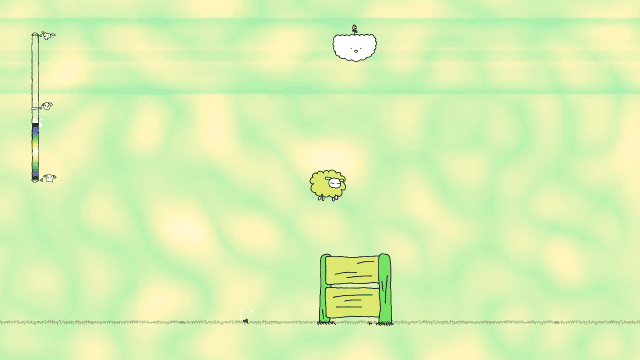 the game shows a platformer sheep character, who's in this case jumping over a fence, with a cloud with a collectable on top of it. on the left side, the interface shows a meter, almost half full. the background has a light green noise.
