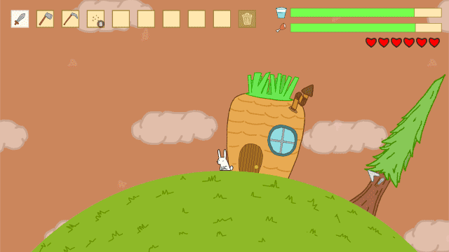 a screenshot of terrinha. the game shows a rabbit character in the center, standing on a round planet, with a carrot house and a tree. the background shows clouds on an orange sky. the interface shows 9 slots on the top for different tools, such as a sword and an axe, and a trash can icon. on the right, a thirst indicator, a hunger indicator, and 6 hearts.