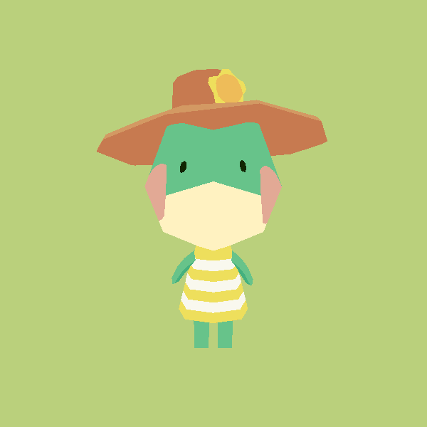 an anthro frog, wearing a flower hat and a striped yellow dress. they're waving at the viewer, on a green background.