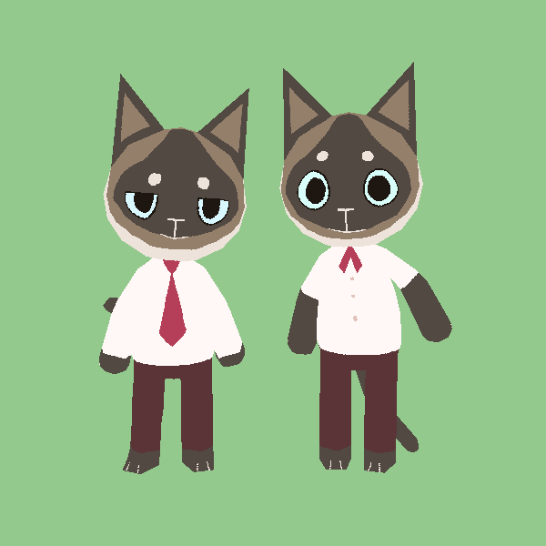 two anthro siamese cats, both wearing white shirts with red ties and brown pants. they're standing next to each other on a green background.