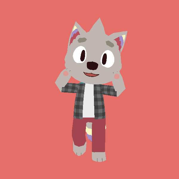 a grey anthro wolf wearing a flannel shirt and red pants. their ears and tail are yellow-blue-red coloured. they're doing a cute pose, on a red background.