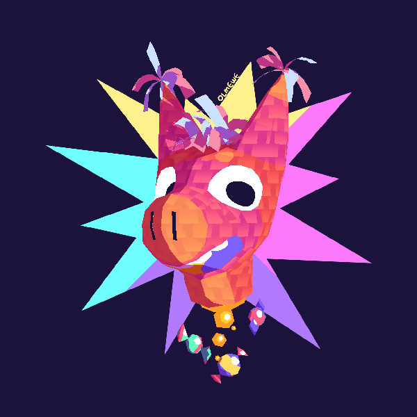 3d model of a piñata with no body, and candies and yellow goo coming out from its neck. the piñata is red, pink and orange, with pink and blue strings. they are smiling at the viewer. the background shows a colourful sharp-shaped explosion.