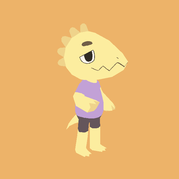 a yellow anthro gecko, wearing a purple t-shirt and brown shorts. they're standing on an orange background.