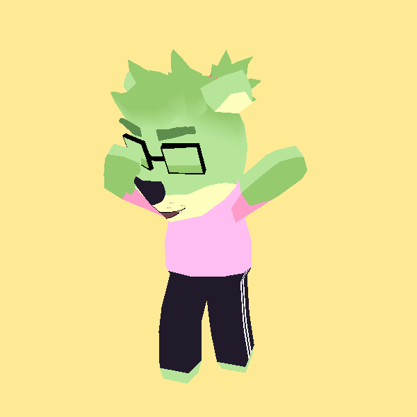 a green anthro bear, wearing black square glasses, a ponytail on their hair, a pink t-shirt and black pants. they're dabbing, on a yellow background.