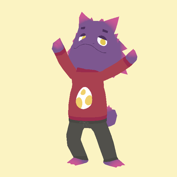 a purple anthro horned lizard, wearing a red sweater with a picture of an egg printed on it and black sweatpants. they're dancing waving their arms around, on a yellow background.